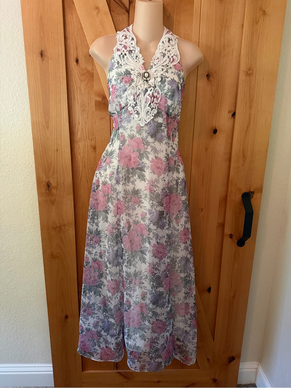 Vintage 90s Scott McClintock Floral Fairycore Halter Maxi Dress Lace, S - Picture 2 of 15